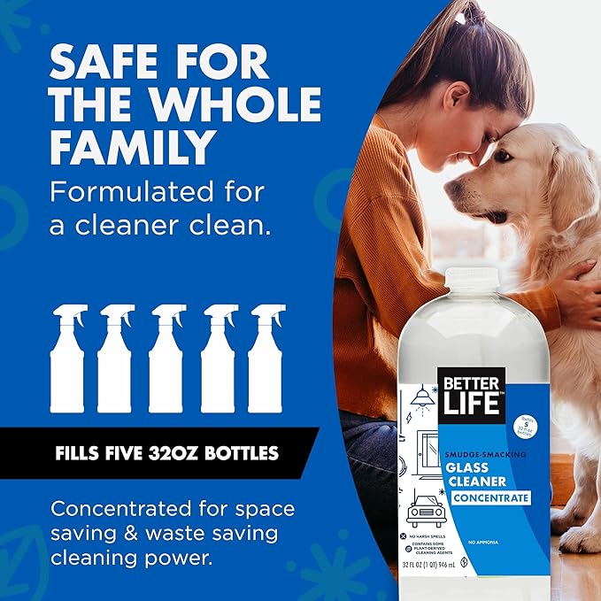 BETTER LIFE Glass Cleaner Concentrate - Streak-Free Window Cleaner for Home, Kitchen, Bathroom, Shower, Car - Works on Glass, Windows, Mirrors, Light Fixtures - 32oz Unscented