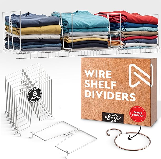 Extra Tall White Wire Shelf Dividers for Closet Organization – 8-Pack - Sturdy and Easy Set-Up Closet Shelf Dividers with Bonus Rose Gold Hanger - 16 inches Height & 12 inches Wide