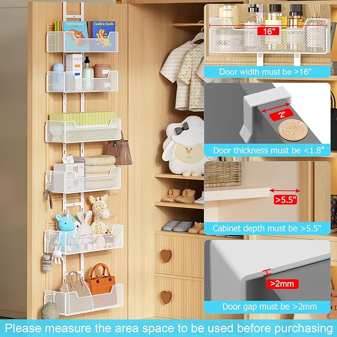 Hongtamoya Over The Door Organizer, Metal Hanging Door Organizer with 6 Adjustable Baskets and 5 Hooks, Behind The Door Storage for Closet Pantry Cabinet Kitchen Bathroom Bedroom, White