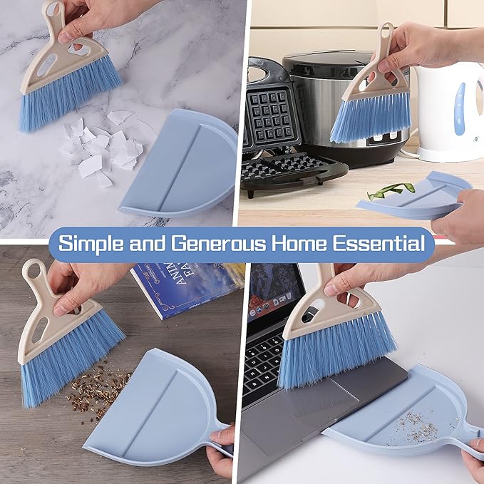 cobee Small Broom and Dustpan Cleaning Set, Mini Whisk Dustpan and Brush with Handle Portable Table Top Dust Pan Dining Table Crumb Sweeper Cleaning Tools with Soft Bristles for Housekeeping(Blue)