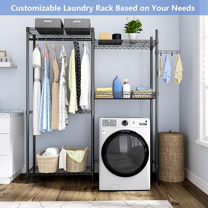 Golpart Over Washer and Dryer Shelves,Laundry Room Storage Organization Clothes Drying Rack,4 Tier Adjustable Height Wire Shelving with Wire Basket,Hanger Rod&Hook,Space Saving Shelf