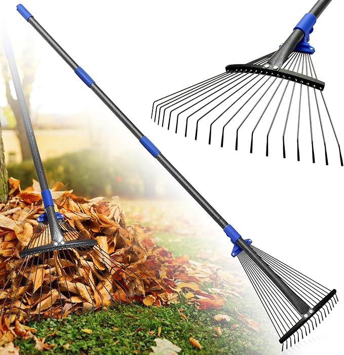 Rake for Leaves: Adjustable Metal Leaf Rake for Lawn, 8-17" Expandable Head,75” Long Handle,Collapsible Heavy Duty Women Kids Garden Rakes for Yard Pine Needles Mulch Grass Debris Gardening Camping