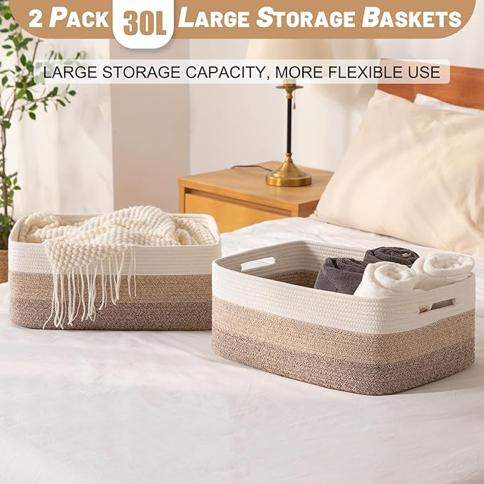 Large Storage Basket for Organizing, Woven Rope Basket for Shelves, Closet Organizer Bins for Clothes, Blanket, Toys, Baby Nursery Storage, 17.7" x 13" x 7.87", 4 Packs Gradient Yellow