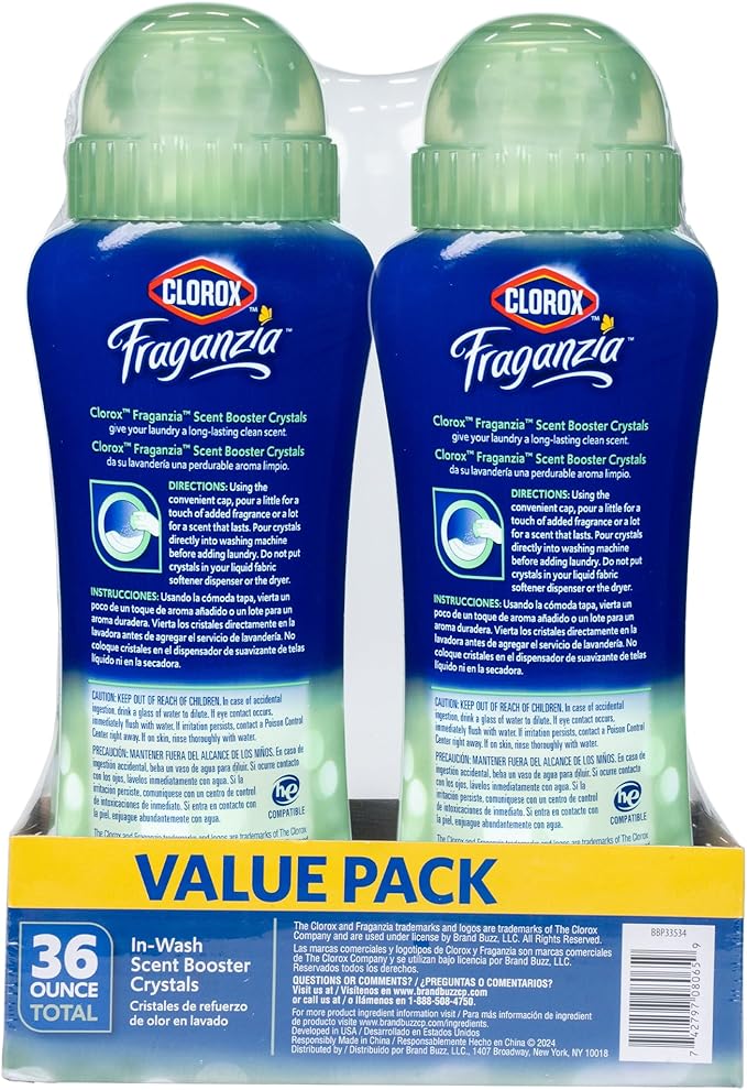 Clorox Fraganzia Laundry Scent Booster Crystals, In-Wash Fragrance Beads for Fresh-Smelling Clothes & Linens, Safe for All Fabrics & Colors, Cedarwood & Sage, 18 Oz, 2 Pack