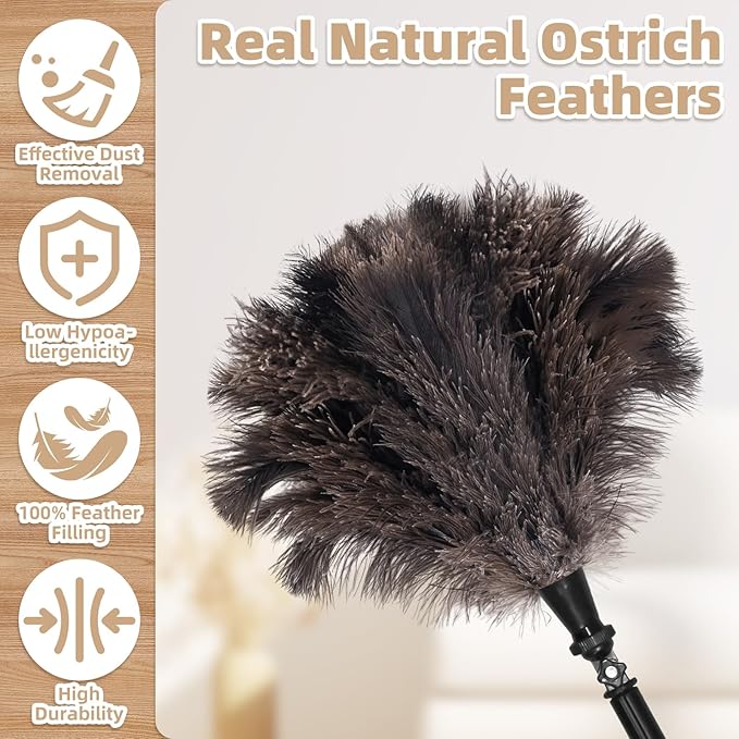 Extendable Ostrich Feather Duster with 17-42 inch Rotatable Aluminum Alloy Pole, Natural Fluffy Reusable Feather Duster for Cleaning High Ceilings, Pendant Lamps, Blinds, Furniture and Roof
