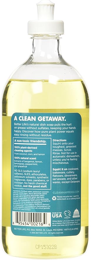 Better Life Dish Soap - Liquid Dishwashing Soap with Vitamin E and Aloe for Home & Kitchen Sink - No Gloves Required Kitchen Soap for Sensitive Skin - 22oz Lemon Mint