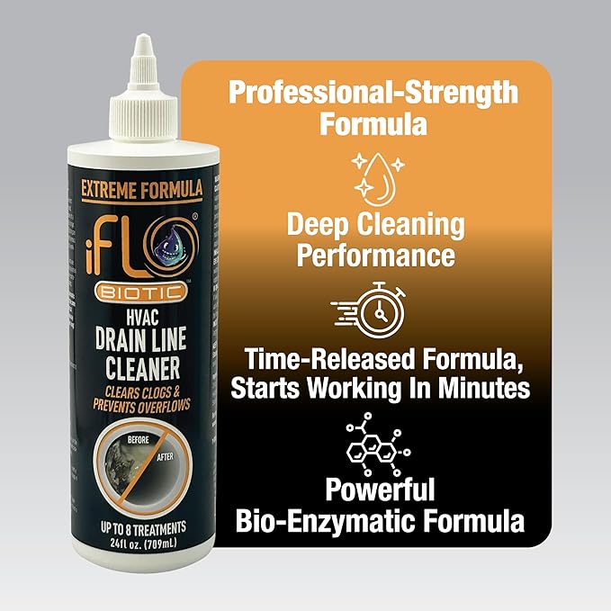 iFLO® Extreme A/C Drain Line Cleaner – Fast-Acting, Long-Lasting HVAC System Solution for Tough Clogs & Buildup – Professional Liquid Drain Cleaner and Clog Remover, 24oz Bottle, 1 Pack