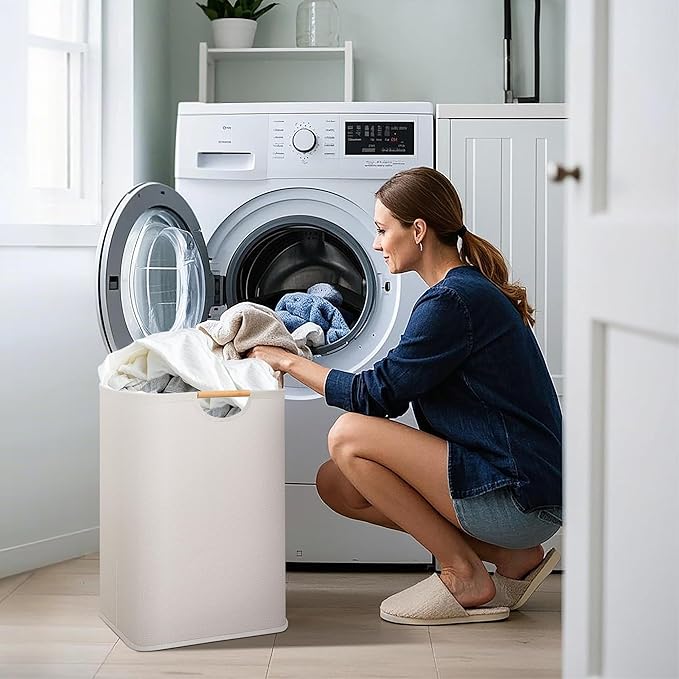 STORAGE MANIAC Large Laundry Hamper, 80L (21.1 Gal) Collapsible Laundry Basket with Bamboo Handles, Freestanding Waterproof Clothes Hamper for Laundry Room, Bedroom, Dorm, Towels, Toys, Beige