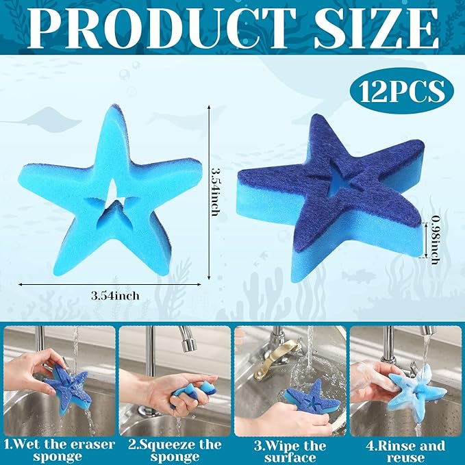 Tioncy 12 Pack Summer Starfish Kitchen Sponges Bulk Dual Sided Scrubber White Blue Starfish Sponges Dishwashing Kitchen Cleaning Accessories for Funny Christmas Household Supplies