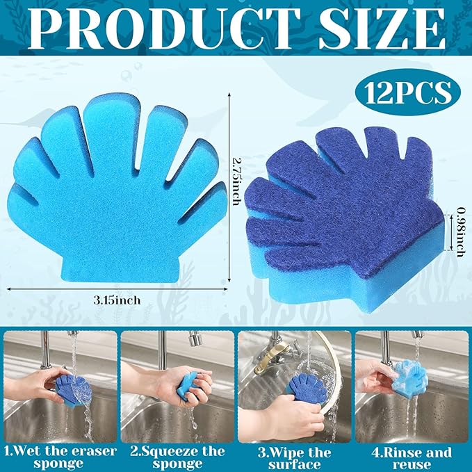 Tioncy 12 Pack Shell Kitchen Sponges Bulk Dual Sided Scrubber Summer Shell White Blue Sponges Dishwashing Kitchen Cleaning Accessories for Funny Beach Sea Theme Household Supplies