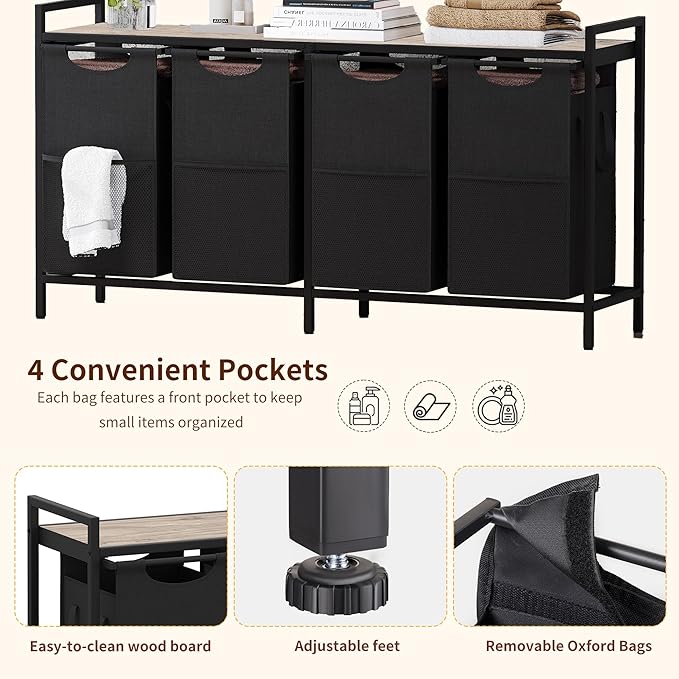 Heybly Laundry Hampers, 4 × 15Gal (228 L) Laundry Basket with Large Desktop Sorter for Laundry Room organization, Bathroom and Dorm Laundry Bags on Storage Shelf, Rustic Brown HLH004SR