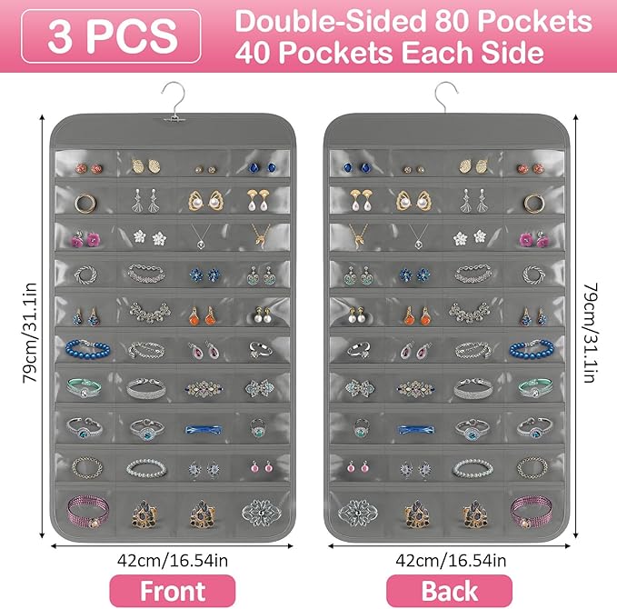 3 Pack Hanging Jewelry Organizer, 80 Clear Pockets earring organizer and storage, Accessories holder organizer for Closet, Jewelries, Necklace, Travel