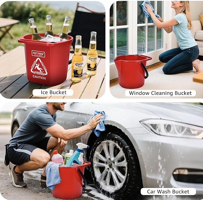 Matthew Cleaning 4.2 Gallon Mop Bucket, Heavy Duty Plastic Cleaning Bucket with Built-in Pour Spout, Mop Holder and Comfort Grip Handle, House and Commercial Cleaning Supplies, 2 Pack Red