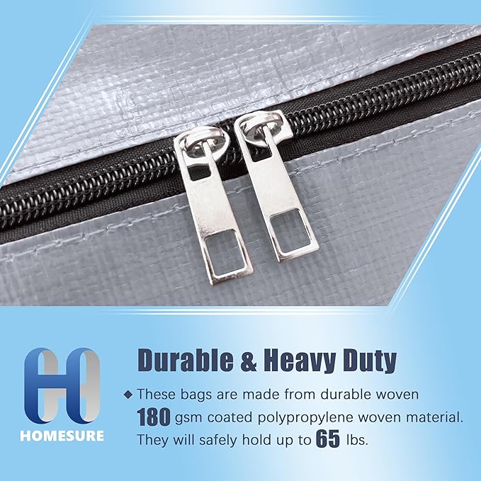 HOMESURE 4 Pack Large Strong Bags with Zippers & Carrying Handles - Water-Resistant - Heavy Duty Storage Tote for Space Saving Storage, Fold Flat, Alternative to Moving Box (Silver)