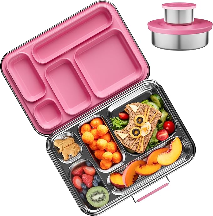 AOHEA Stainless Steel Bento Box Kids, Kids Metal Bento Lunch Box BPA Free Lunch Box Containers 304 Stainless Steel Bento Box for School and Office(Pink)