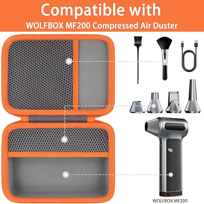 for WOLFBOX MF200 Compressed Air Duster Hard Storage Case(Gray Case,Orange Zipper)
