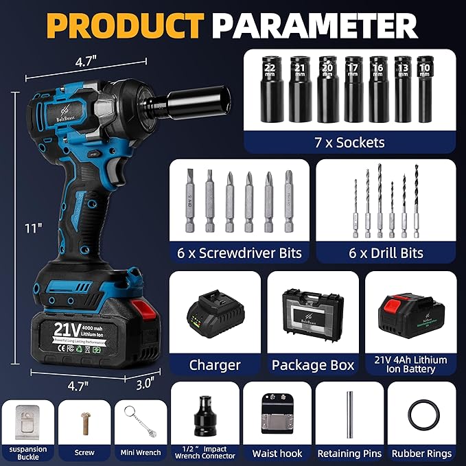 500 N.m Brushless Impact Wrench with Small Wrench, Waist Hook, 7 Sockets, 6 Scredrivers and 6 Drill Bits 3500 RPM Heavy Duty Impact Drill for Cars, RV, Truck,Home Furniture and DIY Projects