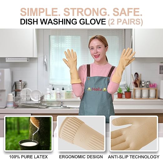 Mamison 2 Pairs Reusable Waterproof Household Dishwashing Cleaning Rubber Gloves, Non-Slip Kitchen Glove (Ivory, Large (Pack of 2))