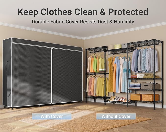 VIPEK V5C Plus Covered Clothes Rack Portable Wardrobe Closet, Heavy Duty Clothes Rack with Adjustable Shelves, Black Metal Clothing Rack with Black Upgarded Polyester Cover, Max Load 1040LBS
