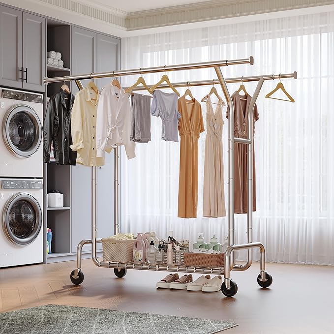 Raybee Heavy Duty Clothes Rack Load 630 LBS, Double Rods Rolling Clothing Rack with 360° Lockable Wheels, Easy Assembly, Portable Adjustable Garment Rack with Shelves for Home & Commercial, Chrome
