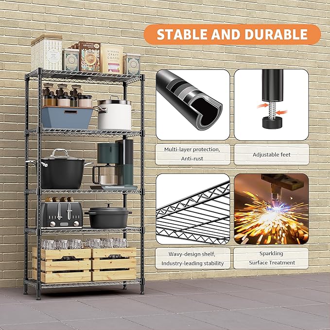 M MZG 5 Tiers Shelf Metal Storage Shelves Standing 1750 LBs Household Shelf Organizer for Kitchen Pantry Closet Garage Basement Utility Room, Black15.7 D x 45.3" W x 70.4" H