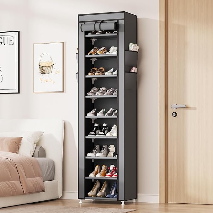 Calmootey 9 Tier Shoe Rack Organizer,Portable Shoe Shelf with Nonwoven Fabric Cover for Closet Hallway,Bedroom,Entryway,17.72x11.81x62.99inches,Grey