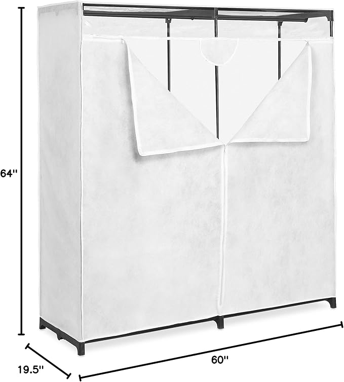 Whitmor Extra Wide 60" Clothes Closet, Durable Portable Hanging Wardrobe with Breathable Fabric Cover, Heavy Duty Metal Clothing Rack, Easily Assemble for Home, Bedroom, Dorm, White