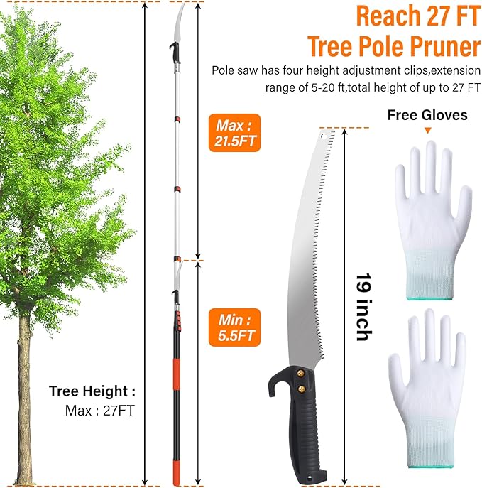 Manual Pole Saws for Tree Trimming,Reach 26 FT Telescoping Pole Saws with Long Pole,Tree Saw with 19" 3X Detachable Saw,Non-Slip Handle and Gloves,Tree Trimmer for Yard Garden Tree Palm Shrub