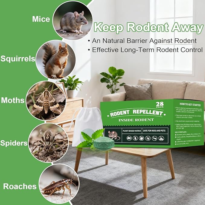 28 Pack Mouse Rodent Repellent, Safe for Kids and Pets, Effective Mouse Control for Home, Garage, Basement, Garden and Storage Areas