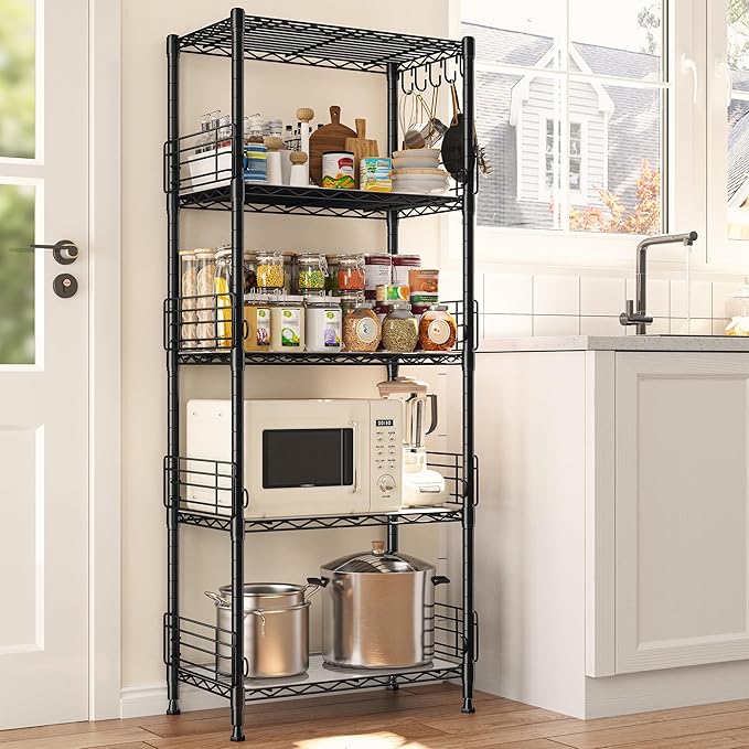 5 Tier Metal Shelving Unit Pantry Storage Shelves with Side Blockers Adjustable Metal Wire Shelf with Hooks & Shelf Linker Standing Storage Rack for Kitchen Pantry Bathroom Closet,13.8"Dx21.7"Wx59.1"H