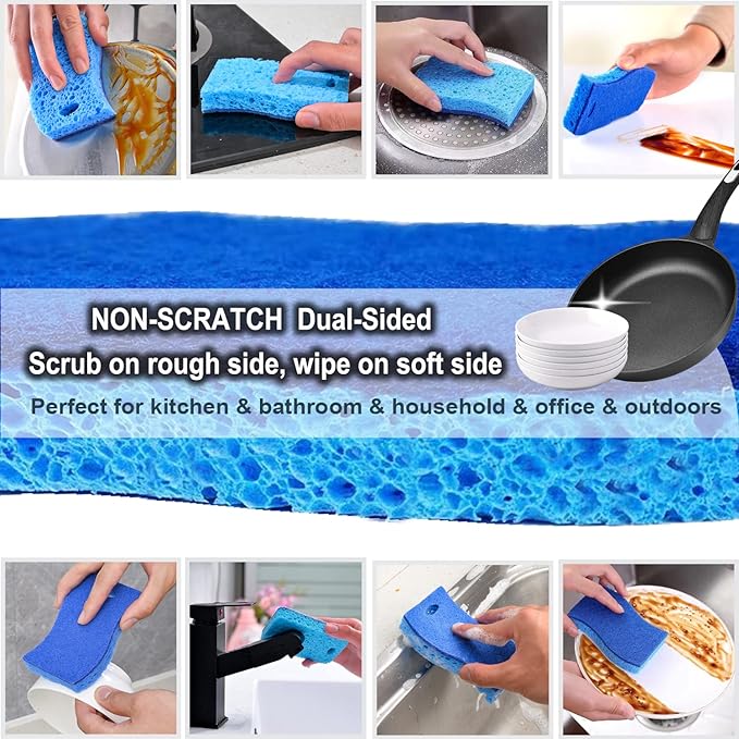 METUUTER 12-Count Scrub Sponges Kitchen Sponge Heavy Duty, Cellulose Sponges with Scouring Pads Dual-Sided for Kitchen and Household Use (S-Multi)