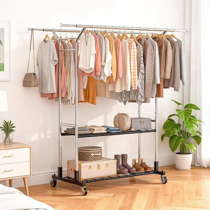 Luxspire Heavy Duty Clothes Rack Load 650 LBS, Double Rod Clothing Racks for Hanging Clothes, Rolling Garment Racks with Lockable Wheels, Shelves, Adjustable Laundry Hanging Rack, Silver