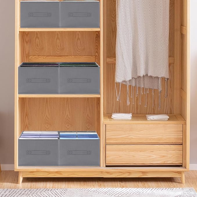 Jeans Organizer for Closet: Foldable Wardrobe Clothes Organizer with Handle, Stackable Closet Clothes Drawer Organizer Tshirts with 7 Grids for Leggings, Sweater, Jean, Pants, Grey (4 PACK)