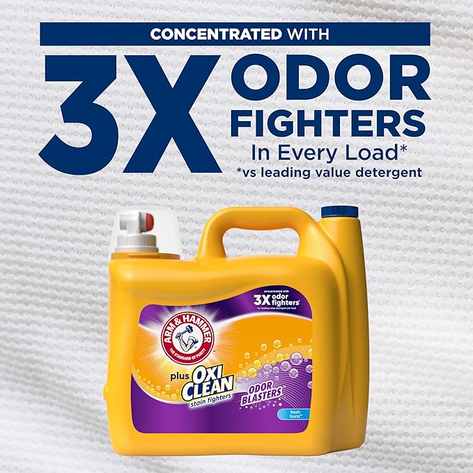 ARM & HAMMER Plus OxiClean with Odor Blasters Liquid Laundry Detergent, Laundry Odor Remover, Attacks Stains, Fresh Burst Scent, 154 Loads, 200.2 Fl Oz
