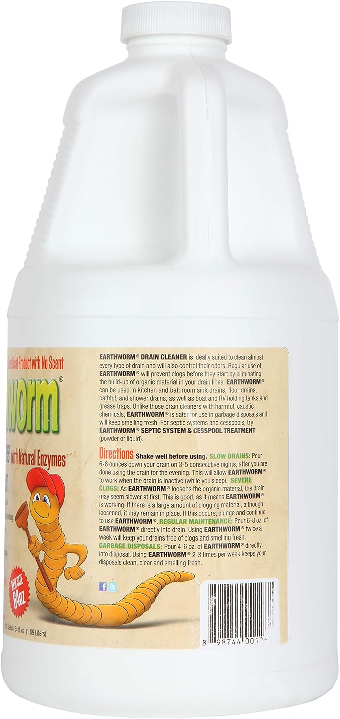 Earthworm Fragrance Free Drain Cleaner - Drain Opener - Natural Enzymes, Environmentally Responsible, Safer for Pets and Kids - 1 Half Gallon, 64 oz