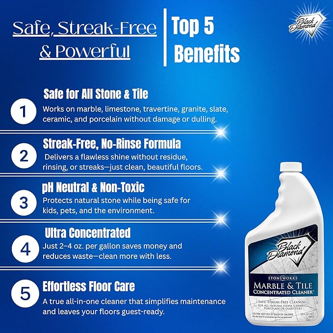 Black Diamond Stoneworks MARBLE & TILE FLOOR CLEANER. Great for Ceramic, Porcelain, Granite, Natural Stone, Vinyl and Brick. No-rinse Concentrate. (1-Quart)