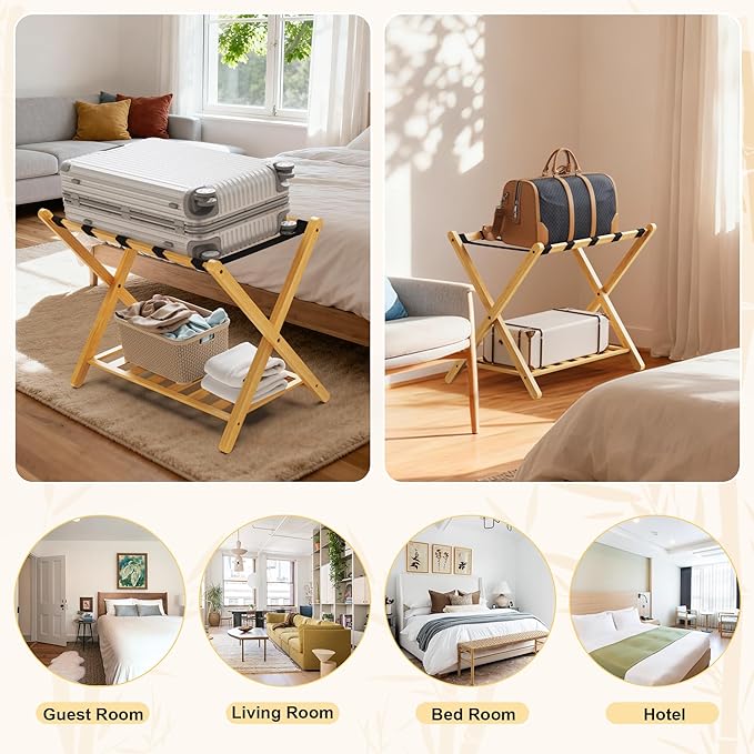 26.77"L Luggage Rack, Natural Luggage Rack for Guest Room, Bamboo Folding Suitcase Stand with Storage Shelf, 5 Nylon Straps, Heavy Duty Luggage Holder for Bedroom Hotel, 1 Pack, Gift Box Packaging