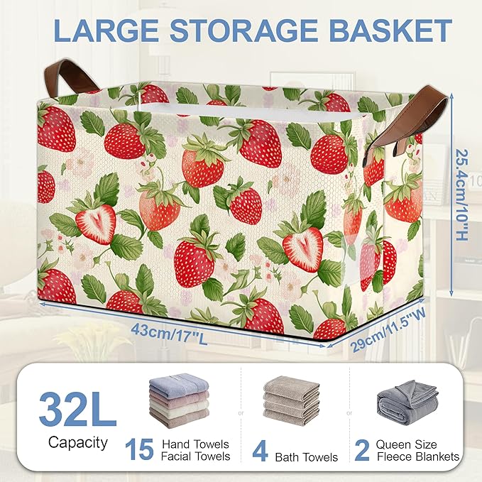 Strawberry Storage Baskets,Leaves Foldable Large Capacity Organizer Bins with Waterproof Lining and Leather Handles for Closet,Shelf,Bedroom 17x11.5x10Inch
