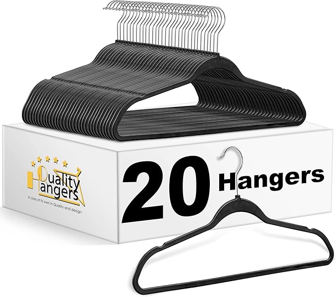 Quality Hangers 20 Pack Plastic Hangers for Clothes - Slim Non-Velvet Hangers with 360° Swivel Chrome Hook & Non Slip Notches - Ideal for Dresses Coats Shirts Jackets & More - Black