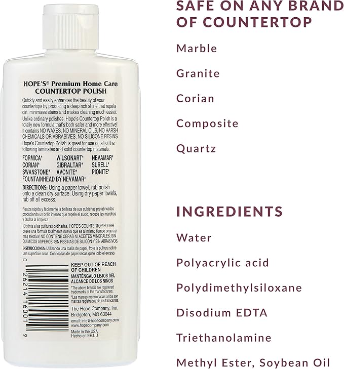 HOPE'S Countertop Restoration Polish, Streak-Free Kitchen Counter Cleaner, No Buildup on Countertops, Quartz, Marble, Corian, Composite, and Granite Polish, 8 Fl Oz, Pack of 12