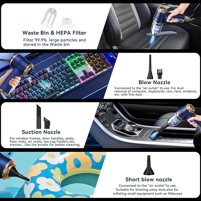 Handheld Car Vacuum Cleaner, Portable Cordless Mini Vacuums with Multi-Nozzles, High Power Dry Hand held Vacuum for Car, Computer, Sofa, Office, Pet, Home