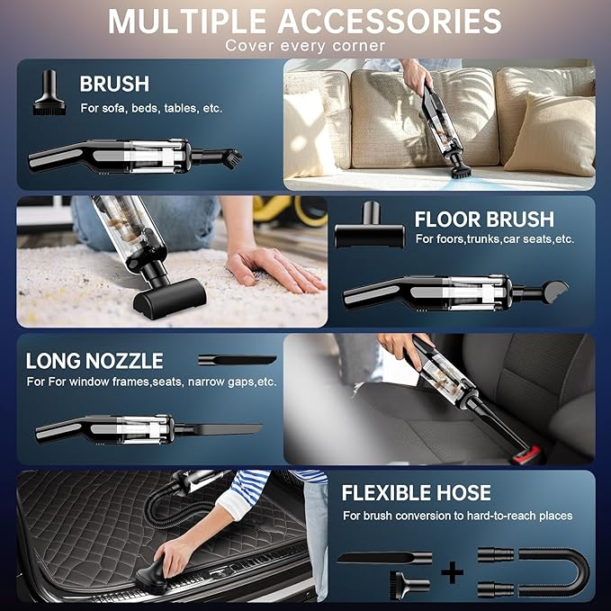 dormzie Handheld Vacuum Cordless, Car Vacuum with 16000Pa Powerful Suction, Lightweight at 1.3 lbs, Type-C Charge, Multiple Accessories, Rechargeable Vacuum Cleaners for Home Office Car Pet