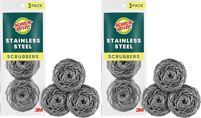 Scotch-Brite Stainless Steel Scrubber for Cleaning Kitchen, Household, and Dishes - 3 Scrubbers (Pack of 2)