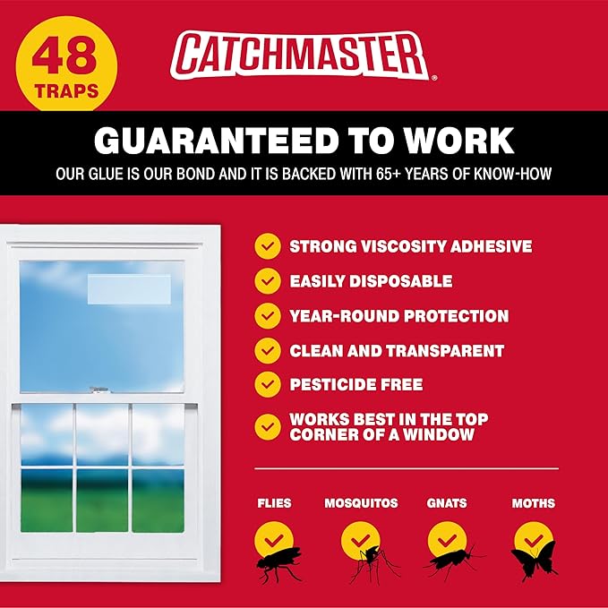 Catchmaster Window Fly Traps 48-Pack, Fruit Fly Traps for Indoors, Disposable Bulk Bug Catcher, Waterproof Insect Glue Trap, Adhesive Strips, Pest Control for Home, Kitchen, & Garage