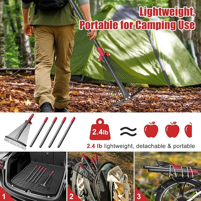 Collapsible Rake for Leaves - 70" Adjustable Long Handle Yard Rake, Expandable Metal Steel Head (8”-17”), Garden Leaf Rakes for Gardening Beds, Lawn,Narrow Shrub,Pine Needle,Outdoor Camping