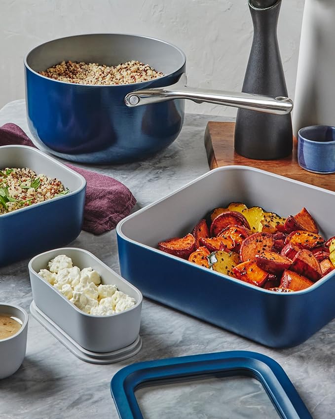 Caraway Glass Food Storage - 10 Cup Glass Container - Ceramic Coated Food Container - Non Stick Lunch Box with Lids - Dishwasher, Oven, & Microwave Safe - Square Shape - Mist