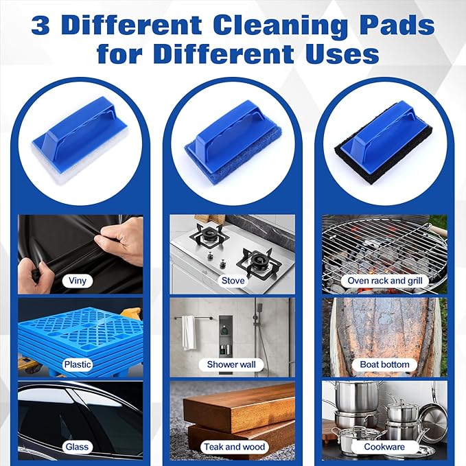 Handled Bath Scrubber Set 3 Pcs Non-Scratch Bathroom Scrubbing Pads with 1 Pc Handle, Reusable Cleaning Sponge Scrub Brush for Cleaning Shower Tile Bathtube Sink Spas Tubs Swimming Pool Step