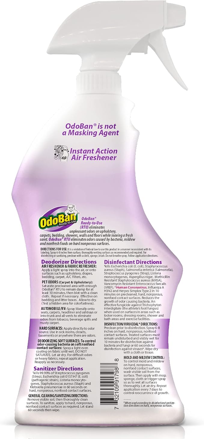 OdoBan Ready-to-Use Disinfectant and Odor Eliminator, Made in the USA, Lavender Scent, Set of 3, 2 Spray Bottles, 32 Ounces Each and 1 Gallon Concentrate