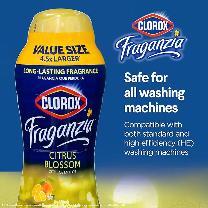 Clorox Fraganzia Laundry Scent Booster Crystals, In-Wash Fragrance Beads for Fresh-Smelling Clothes & Linens, Safe for All Fabrics & Colors, Easy-Pour Bottle, Citrus Blossom Scent, 70 Oz