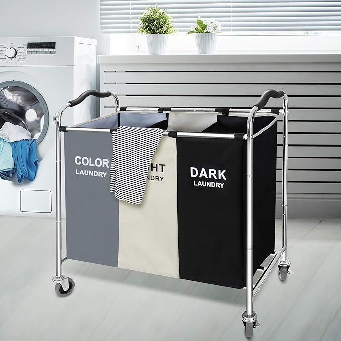 Laundry Basket with Wheels, 240l Laundry Hamper with 3 Section Laundry Bag for Dirty Clothes, Dorm Room Essentials, Towel Organization & Toys Storage Laundry Cart in Laundry Room Organization